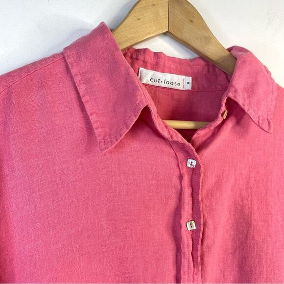 Cut Loose Heavy Weight Pink Linen Button Up Cropped Sleeve Shirt M - Picture 3 of 10